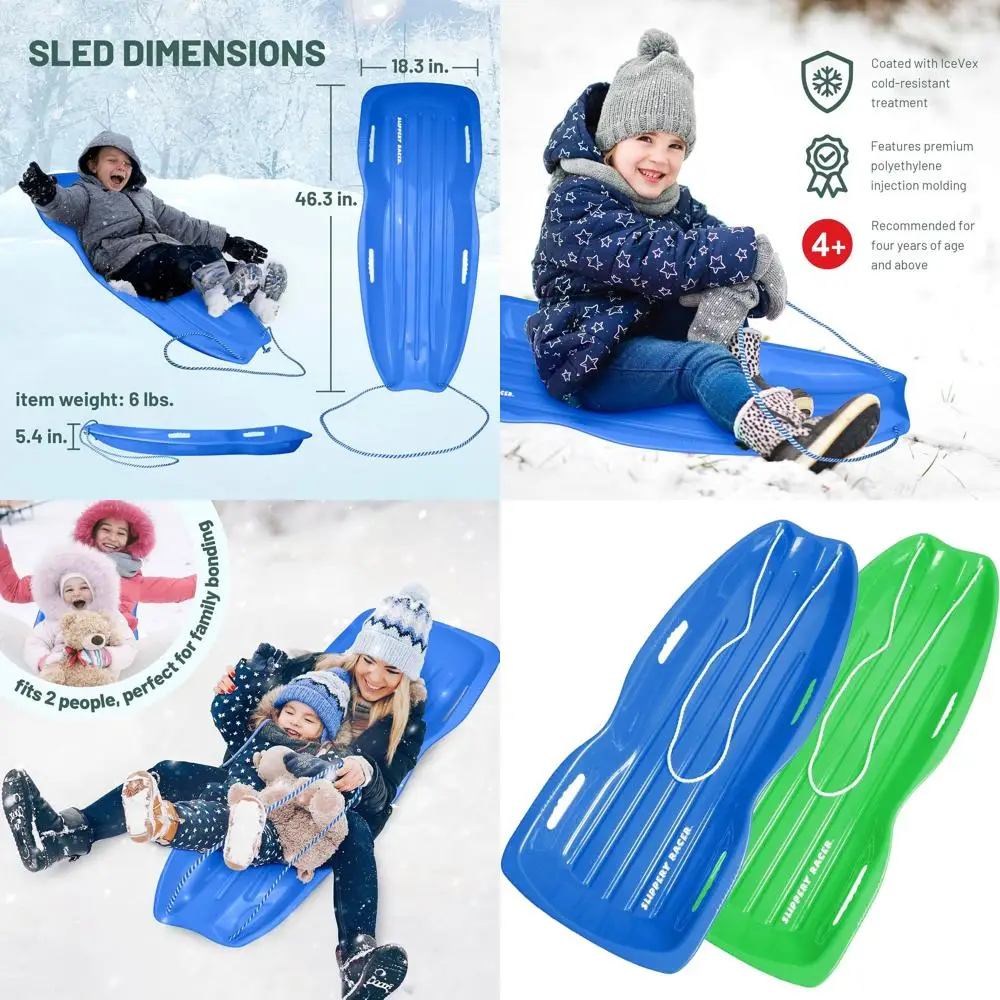 

Dual Rider Plastic Snow Sled with Pull Rope and Handles for Adults and Kids - Blue/Green