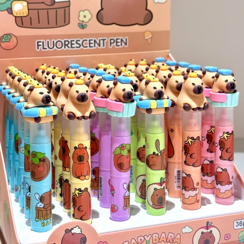 6/36pcs Kawaii Capybara High Lighter Cartoon 6color Diy Handbook Pen Cute Highlighter Student Marker Pen Stationery Gift