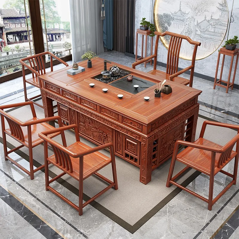 طاولة شاي من الخشب الصلب وكرسي مزيج طاولة واحدة وخمسة كراسي مجموعة مكتب منزلية صينية جديدة من الدردار الكونغ #2