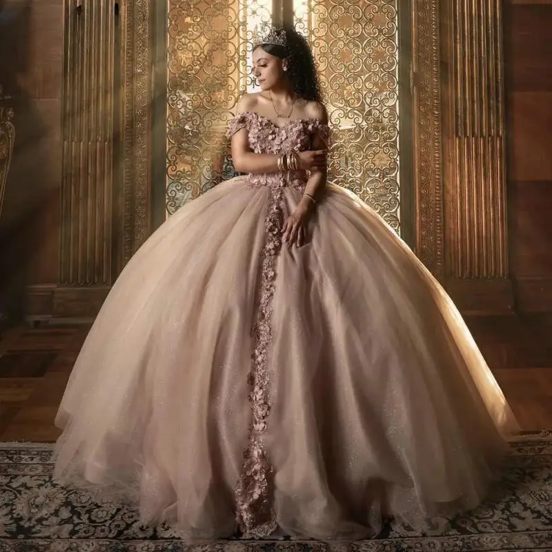 

Champagne Off The Shoulder Quinceanera Dresses Ball Gown 3D Flowers Appliques Lace Sweet 15 Birthday Party