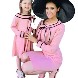 Family Matching Outfits Mommy and Me Dress Sweet Bow Wedding Pink Party Elegant Midi Dresses Mother And Daughter Same Clothes