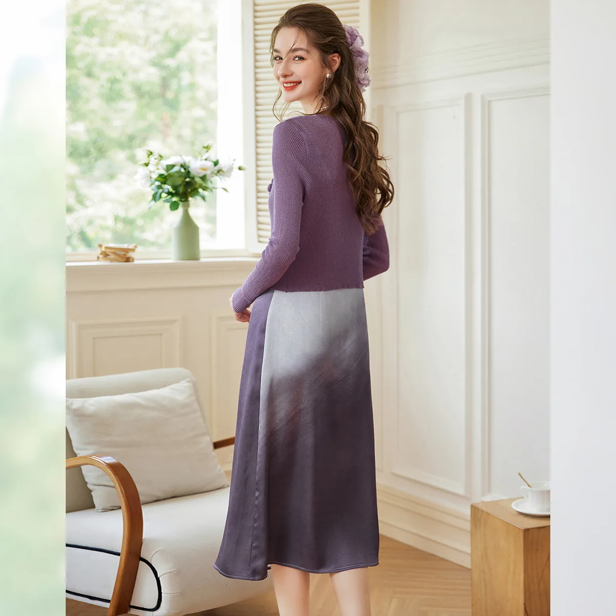 LOUIS YAO グラデーションカラーツーピースセット 2025秋 優しい伸縮性なしキャミソールとニットカーディガン グラデーション レディースセット