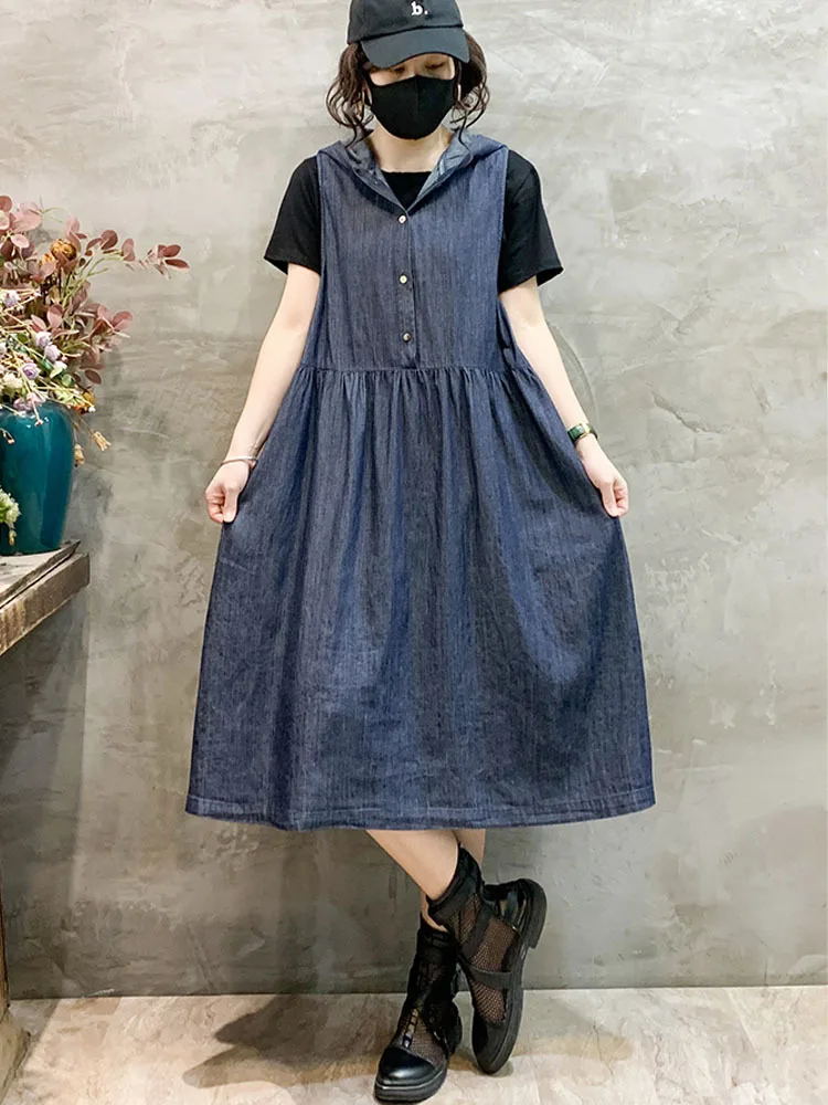 Max LuLu 2024 Summer Sleeveless Clothes Womens Fashion Loose Plaid Hooded Long Denim Dresses Ladies Luxury Casual Sexy Vestidos