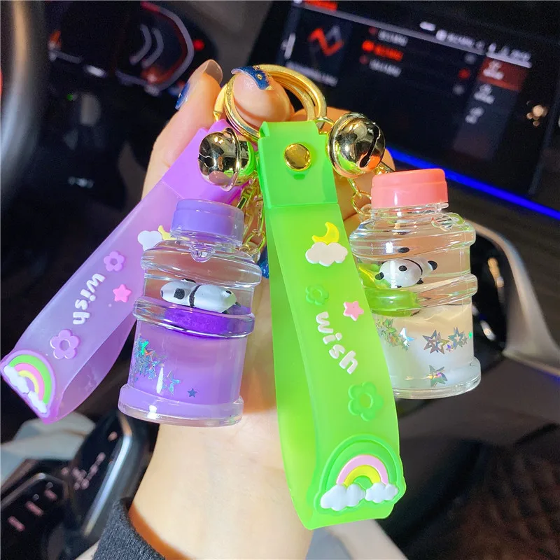 Creative Fruit Panda Float Bottle Bucket Liquid Key Chain Female Cartoon Star Sequin Green Apple Panda Quicksand Pendant Keyring