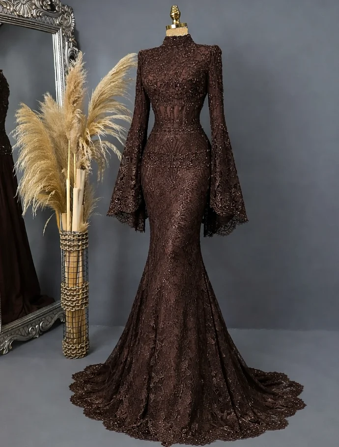 Schokoladen-Meerjungfrau Muslimische Abendkleider Märchenhaftes Langarm-Kleid mit Spitze und Kristallen Hochgeschlossenes Kınaelbisesi Abendkleid nach Maß