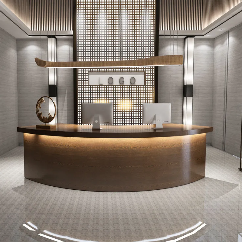 Semicircular wood pattern reception counter Hotel clubhouse Atmosphere coffee Bar reception desk Curved balcão de loja furniture