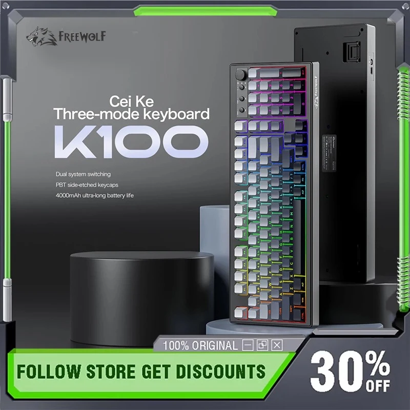 

Беспроводная клавиатура FreeWolf K100, трехрежимная, 99 клавиш, 4000 мАч, длительный срок службы батареи, RGB, индивидуальная офисная мембранная клавиатура для бизнеса