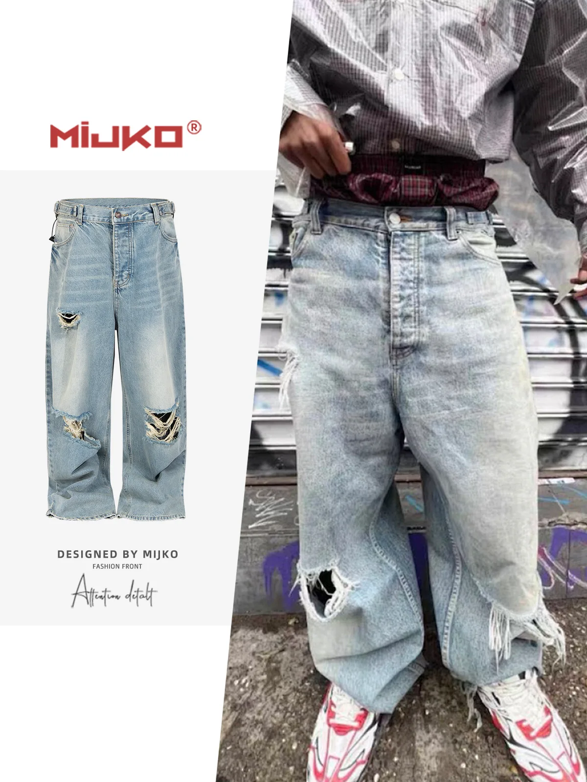

MIJKO Unisex Straight Ripped Blue Jeans Baggy Knife-Cut Silhouette for Men And Women TJ175