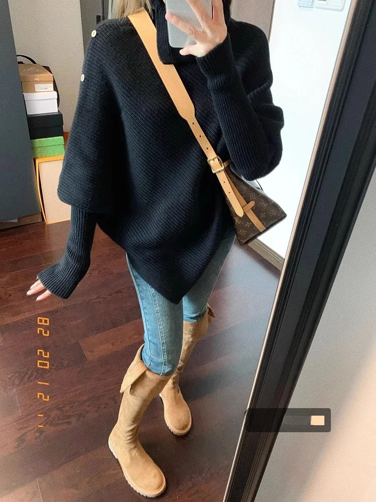 

Korean High-End Bla High Collar Women's Knitted Sweater Spring Lazy Sle Asymmetrical Batwing Sve Warm Regular Fit