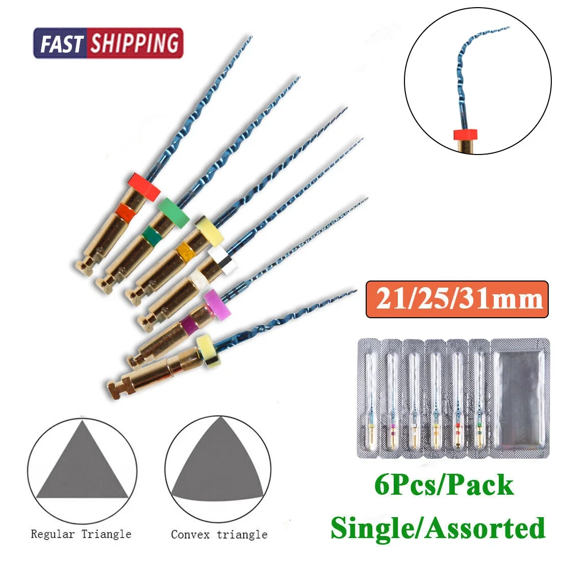 6PCS/1Pack Use of Endo Motor Apex Locator For Rotary NITI Files For Dental Endodontics, gold-plated, 25/21/31mm SX-F3
