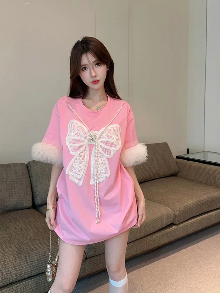 Streetwear Woman Tshirts Dress 2024 Ropa Mujer Oversized Patchwork Gauze Bow Tees Chic Sweet Beading Y2k T Shirts Summer