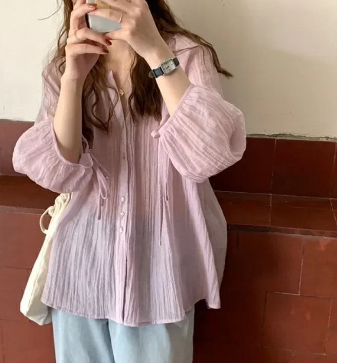 Summer New O-neck Lantern Long Sleeve Chiffon Blouse Super Thin Sun Protection Shirt Korean Loose Blouse Chemise Blusas