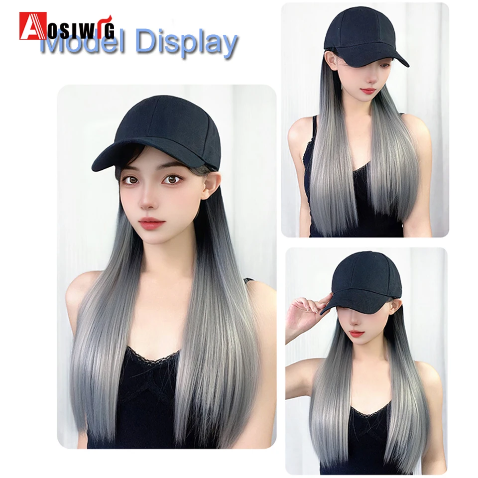 Synthetic18inch Black Baseball Hat  Long Straight Black Gradient White Tea Gray Fashion Hair Wig Heat Resistant Natural For Dail