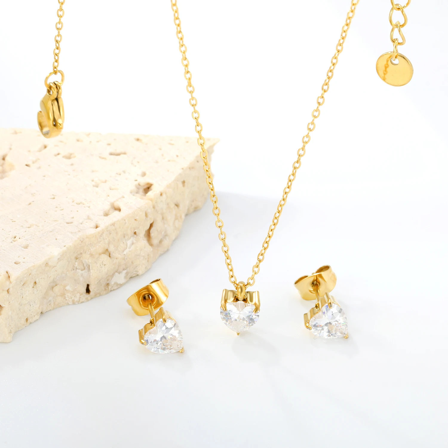 Heart White CZ Stud Earrings & Necklace Set