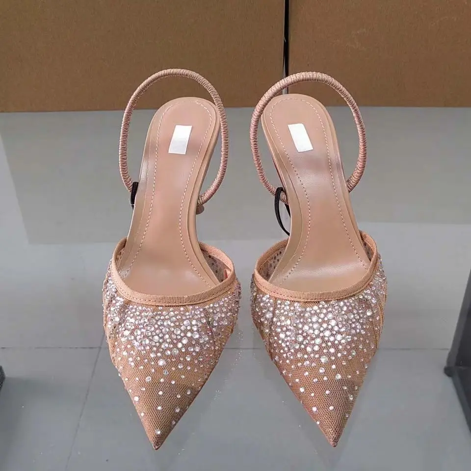 TRAF Woman Shiny Pointed Toes Pumps 2024 Summer Sexy Slingbacks Sequins High Heels Female Elegant Back Strappy Bride Shoes New