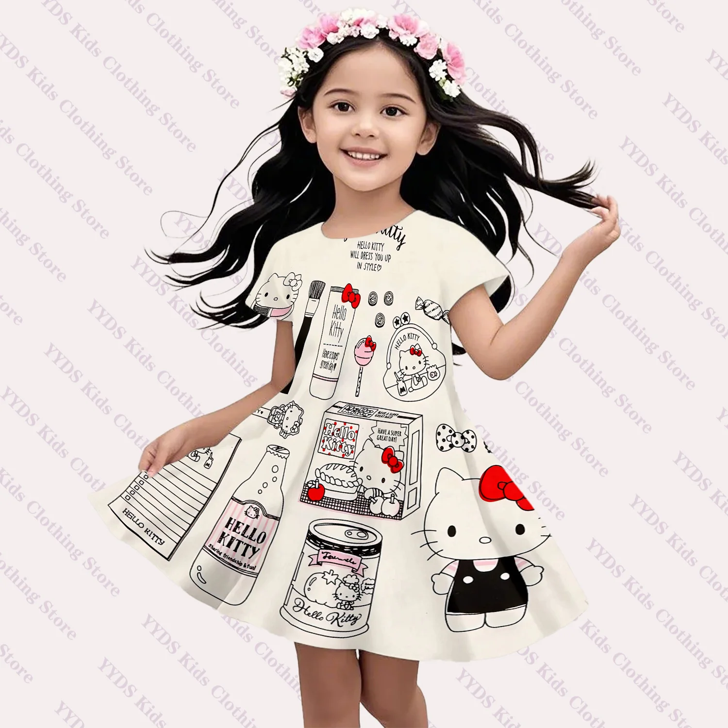 

Одежда для девочек Miniso, новинка 2023 года, летнее платье Sanrio Hello Kitty, милые корейские детские платья Kulomi с 3D принтом, элегантные детские платья