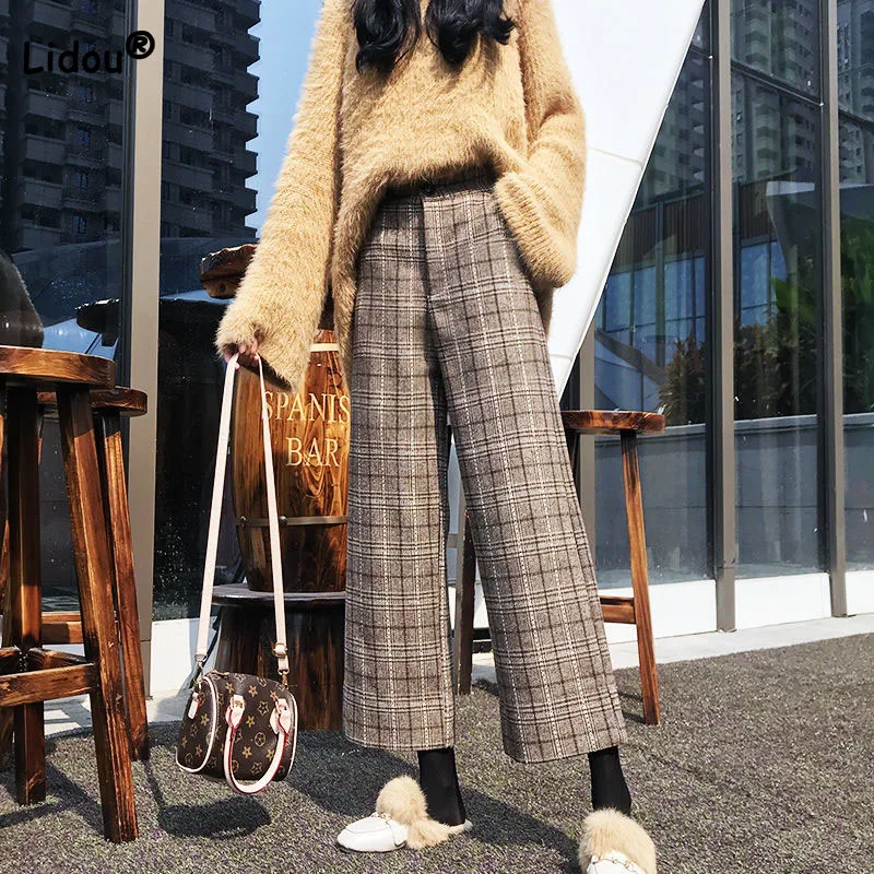 Loose Straight Plaid Wide Leg Pants Female Autumn Winter Fashion Preppy Style Pockets Casual High Waist Trousers Women Clothing