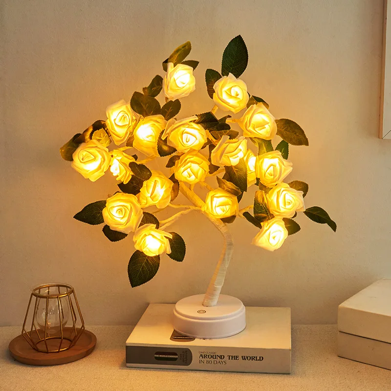 LED Rose Flower with leaf Table Lamp USB Christmas Tree Fairy Lights Night Lights Home Party Wedding Bedroom Decoration