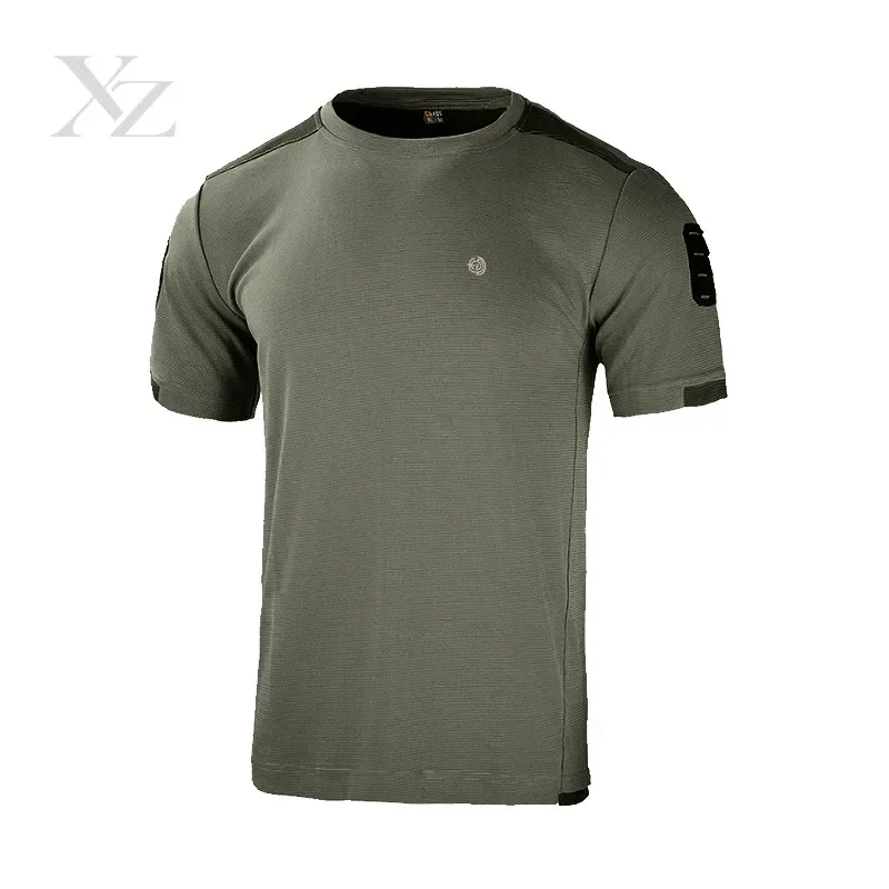 Hot Sale Men's Quick Dry Short Sleeve Tactical Athletic T-Shirt with Mesh Reflective Logo Shoulder Velcro
