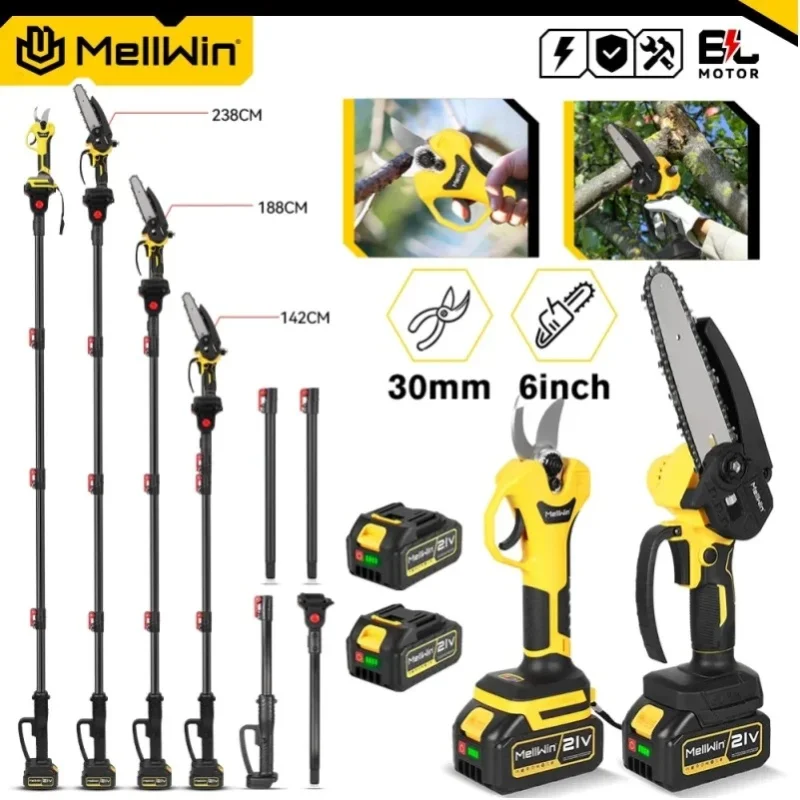 MELLWIN Bürstenloser 3-in-1-Teleskopstiel, 6-Zoll-Kettensäge und 30-mm-Astschere, Gartenschere-Set für Makita 18V-Akku
