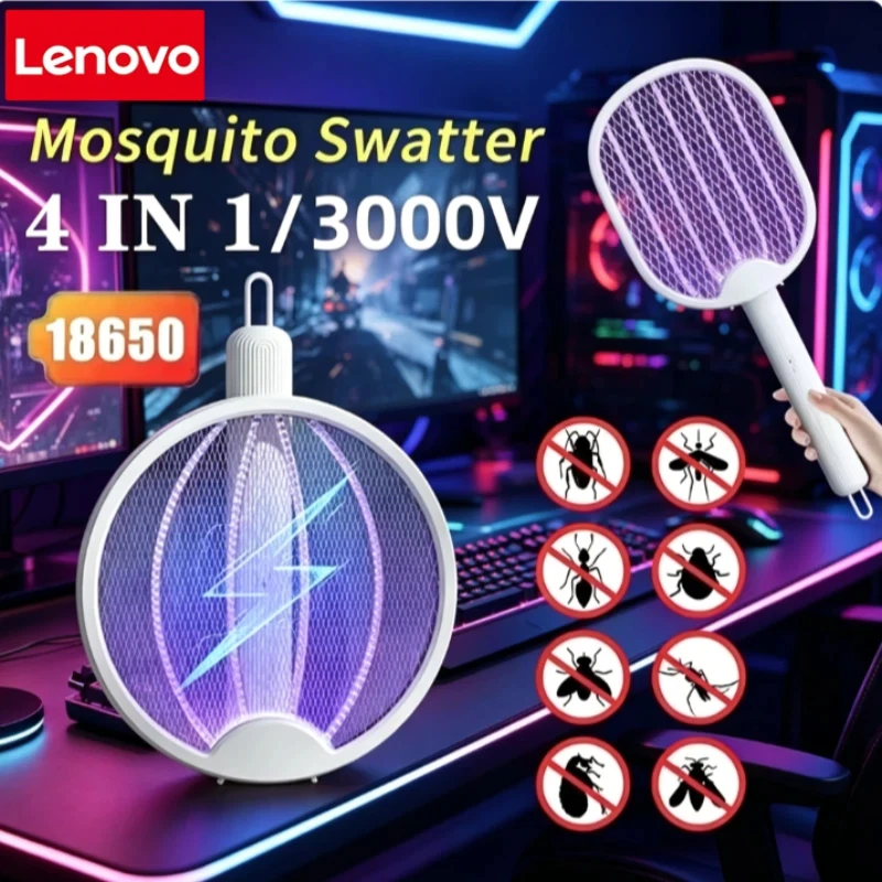 Lenovo Rotating Head Bug Zapper Racket Rechargeable Electric Swatter Fly Killer and Mosquito Trap Lamp for Indoor and Outdoor