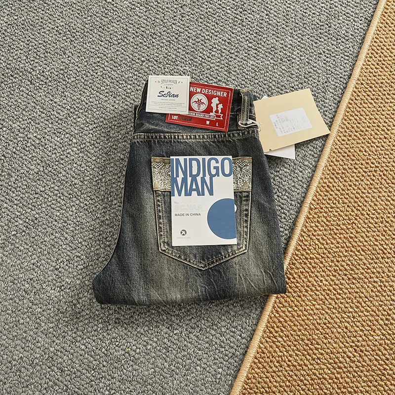 

Jeans for men, retro, nostalgic, fashionable, printed, street chic, trendy, men's clothing, heavyweight slim fit pants