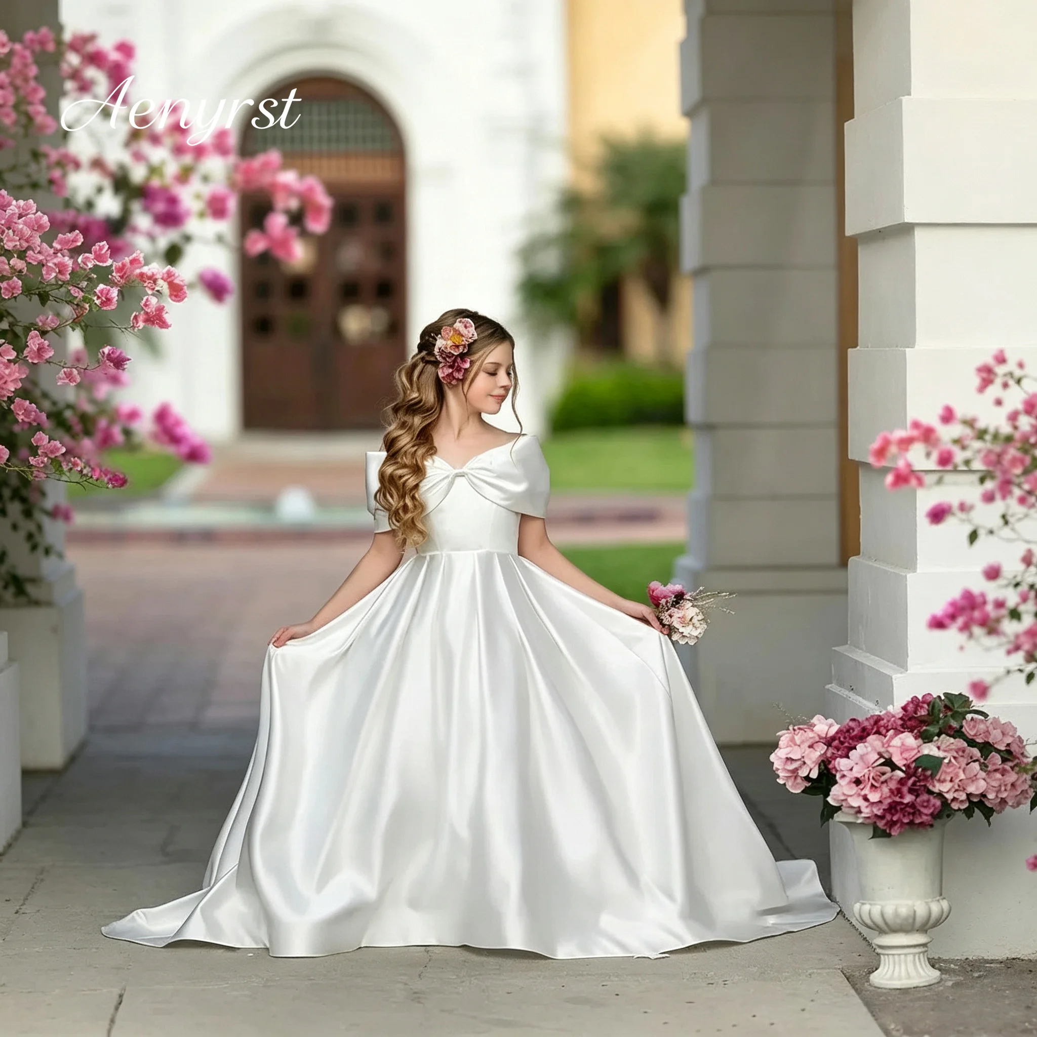 Popular Kids Ivory Square Neck Satin Flower Girl Gown Luxury Cap Sleeve Pleated Ball Gown Floor Length Birthday Party Dress