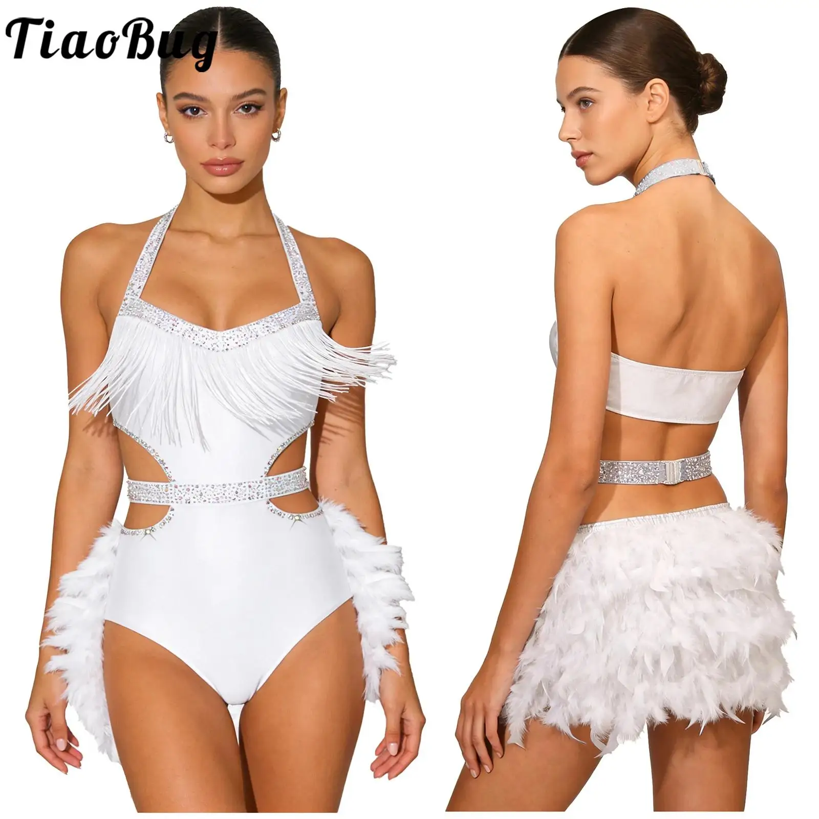 

Faux Feather Latin Dance Dress Women Sleeveless Cutout Leotard Dresses For Dancing Samba Tutu Ballet Skating Performance Costume