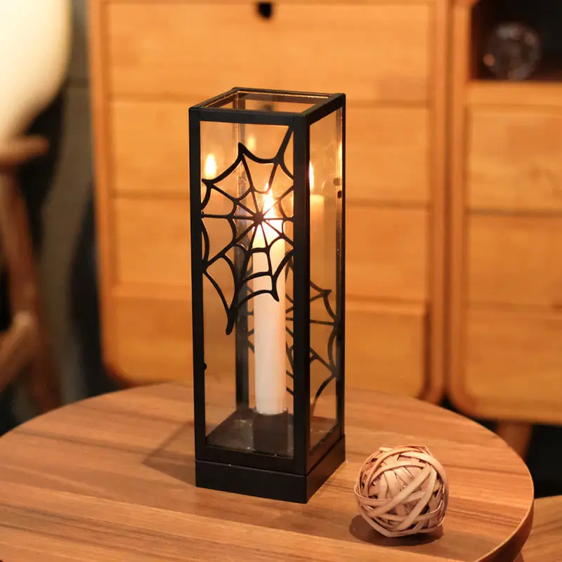 Custom wholesale Halloween candlestick, ornament ins wind spider web black glass candlestick wrought iron wind lamp