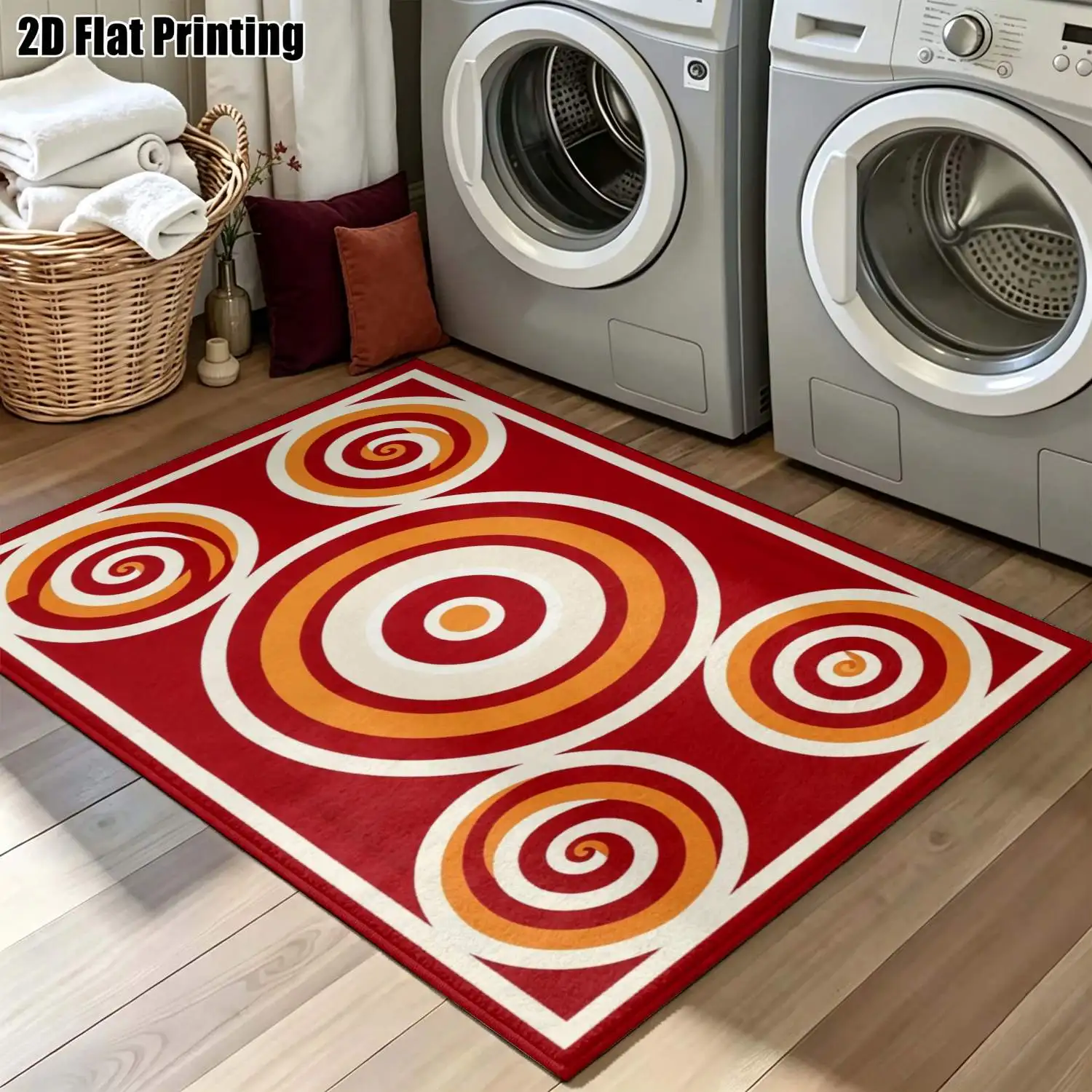 1Pc 2D Printed Carpet: Red-Orange Geometric Spiral, Modern Simple Retro Instagram Style, Multi-Size Machine Washable, Home Decor for Entryway, Dining Room, Bedroom, Living Room, Study