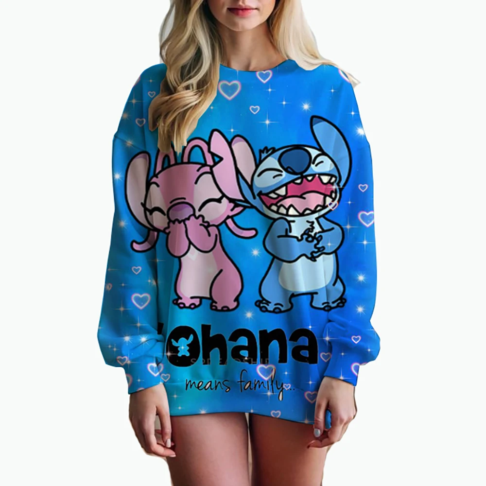 Autumn Fun Print Long Sleeve Top 2024 New Cartoon Disney Cute Lilo & Stitch Ladies Sweatshirt Crew Neck Loose Pullover