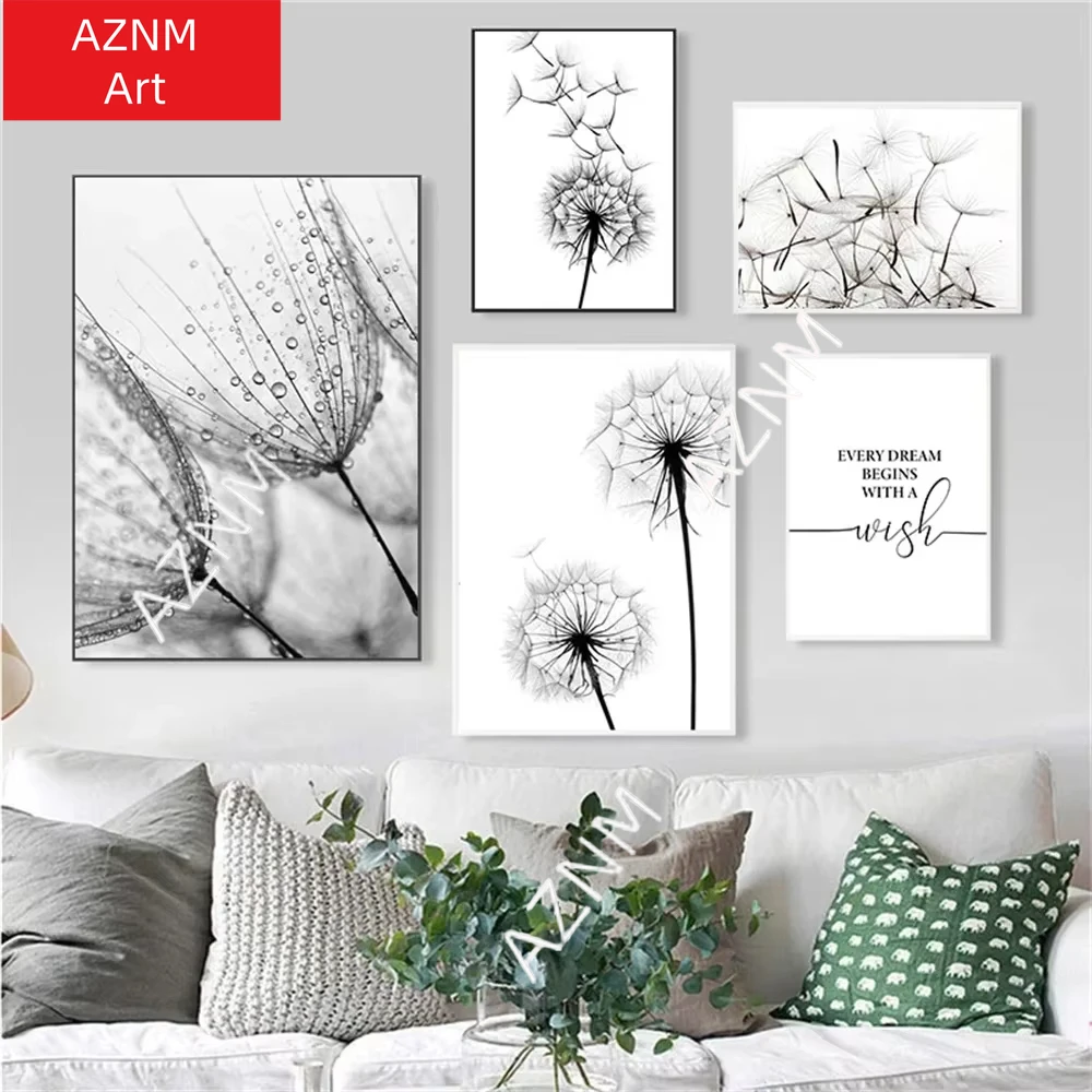 1pc Abstrakte Löwenzahn Leinwand Kunst Malerei Pflanze Schwarz Und Weiß Wand Kunstdruck Poster Moderne Nordic Wand Bilder Zimmer decor