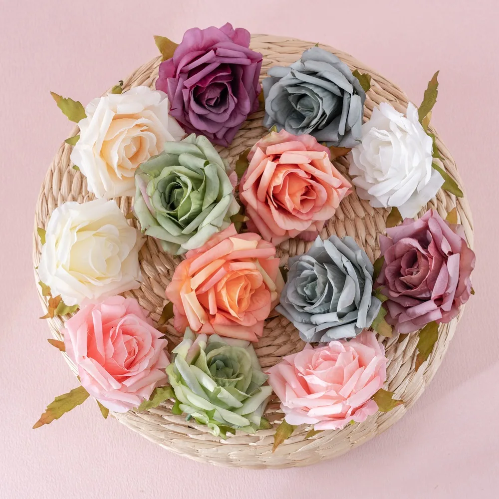 10Pc Curle Edge Rose Head Flower Artificial Silk Flowers for Home Decoration DIY Wedding Background Wall Fake Rose Flower Wreath