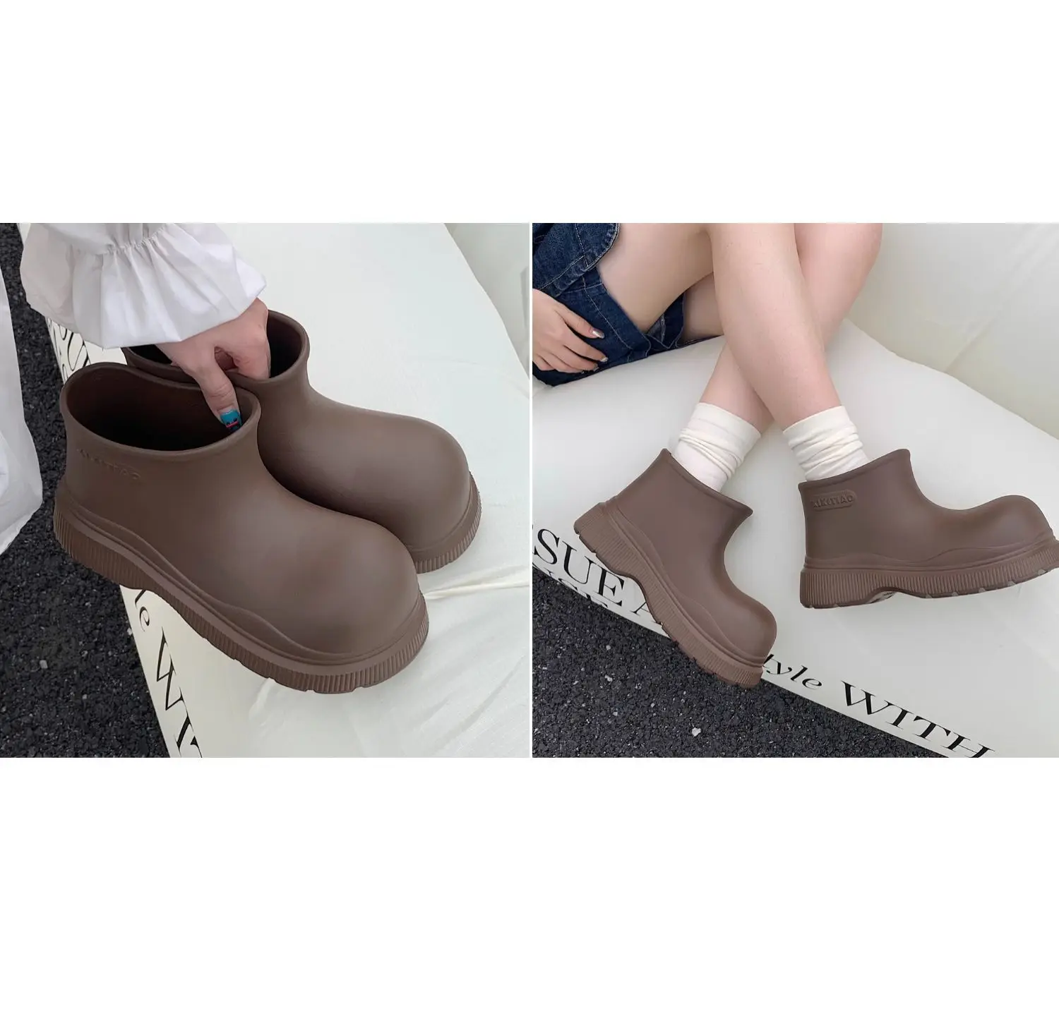 Damen Regenstiefel in Braun, einfarbig, leichte EVA-Wasserschuhe, Damenstiefel mit breiter Zehenpartie, lockere Passform, knöchelhohe Stiefeletten für Damen – Detail 7