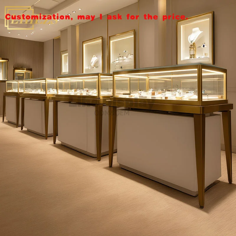 custom.Luxury Lockable Glass Jewelry Counter Showcase LED Lighting Jewellery Shop Display Cabinet with Furniture Decoration Desi