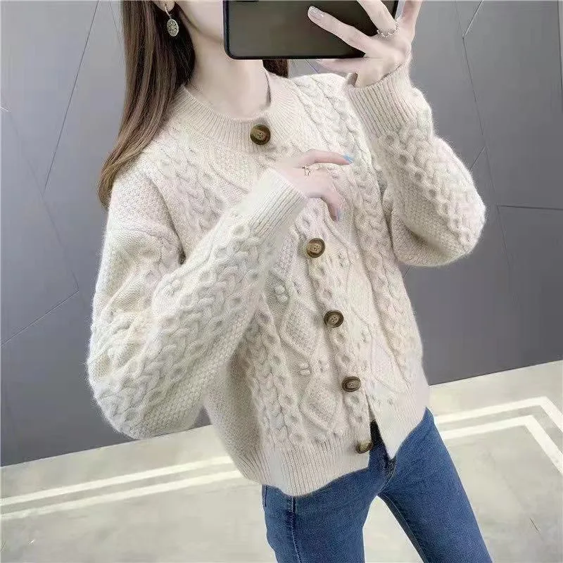 New Solid Color Twist Knitted Cardigan Women\'s Spring Autumn Short Ladies Sweater Coat Korean Elegant Long Sleeve Tops