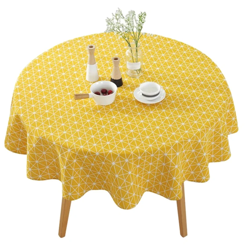 

150CM Cotton And Linen Round Tablecloth Round Yellow Table Cover Mat Decoration