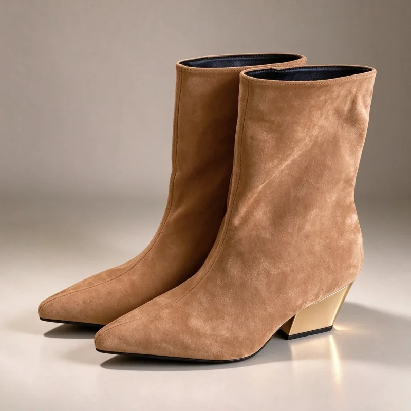 Botines de mujer Aneikeh Fashion con punta afilada, tacón grueso y plataforma, de ante sintético, color camel, estilo retro, botines cortos para mujer.