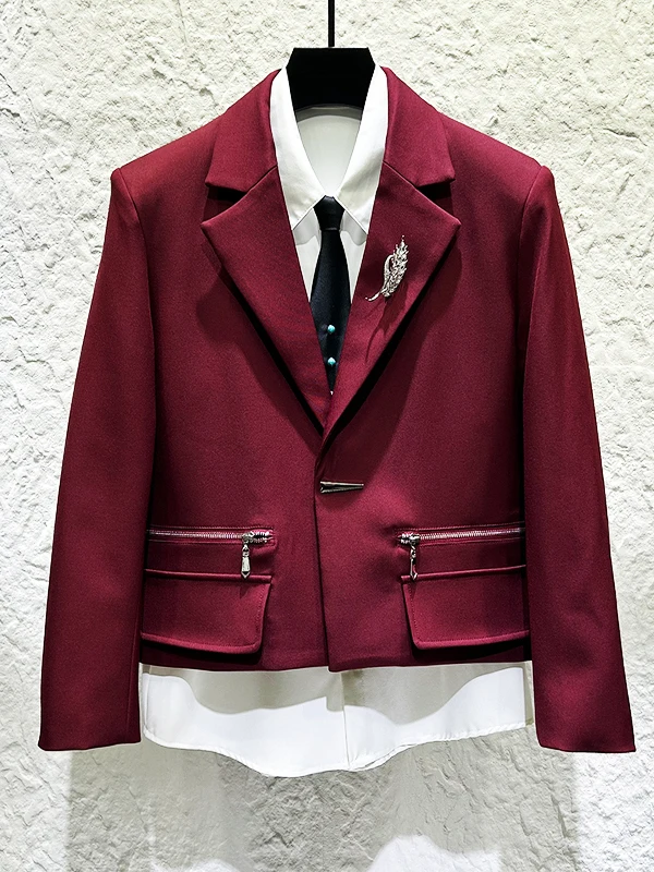

Новый премиальный повседневный мужской костюм-пиджак винного цвета с декоративной молнией, из чистого полиэфирного волокна, для свадеб и банкетов.