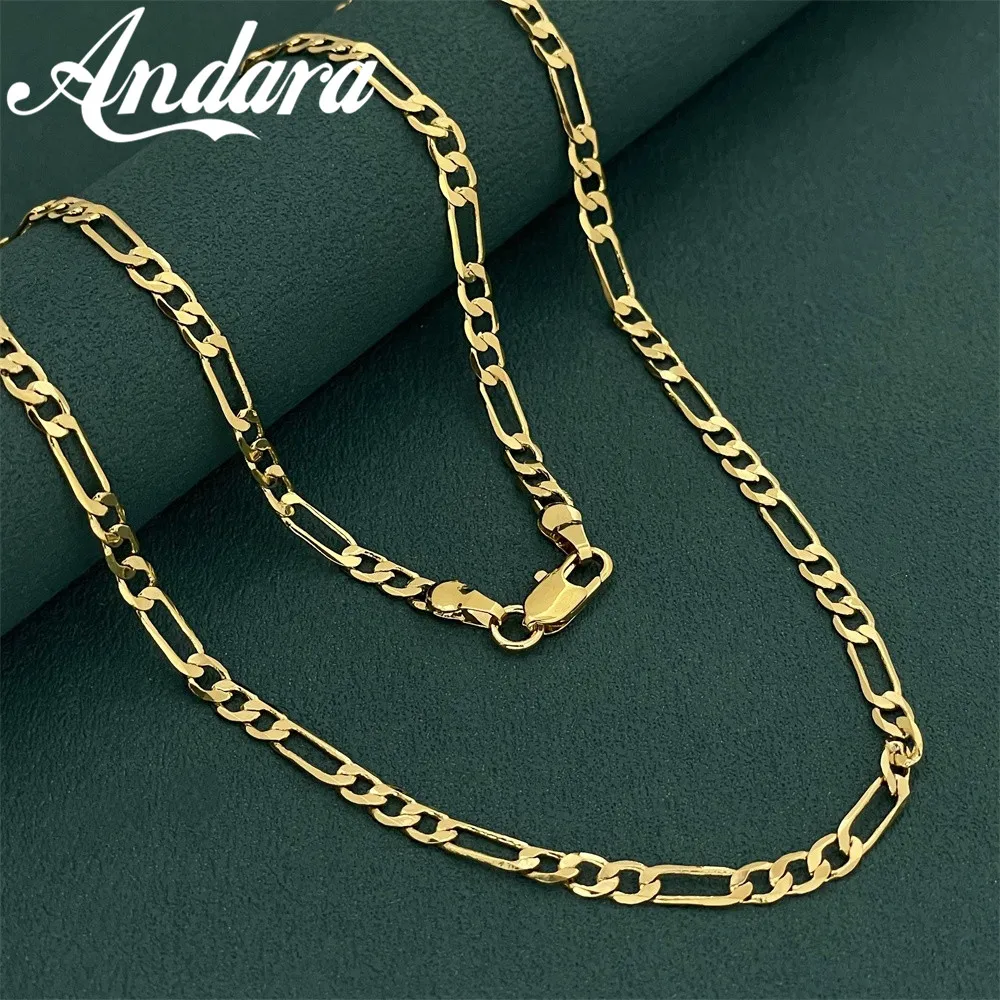 Andara Luxury Unisex 925 Sterling Silver Gold Plated 4mm Figaro Necklace Engagement Jewelry Accessories 50-60cm
