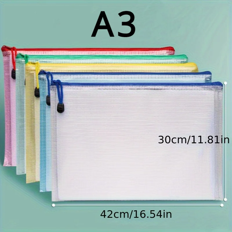 5pcs A3/A4 Waterproof PVC Art Storage Bag with Zipper, Extra Large Capacity Data and Drawing Organizer with Color Grid Design