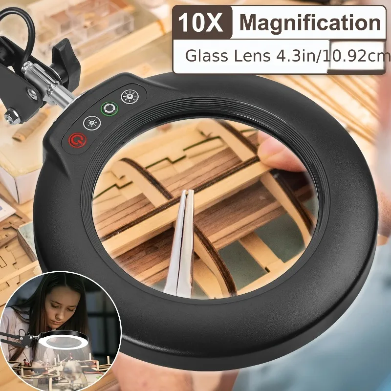 Dimmable 5 Color Modes 10X Magnifying Glass with Light 2 in 1 LED Magnifier with Stand Hands Free for Craft White