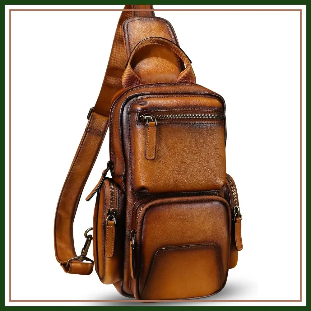 

Genuine Leather Sling Bag Crossbody Casual Hiking Daypack Vintage Handmade Chest Bag Shoulder Backpack Motorcycle Pack