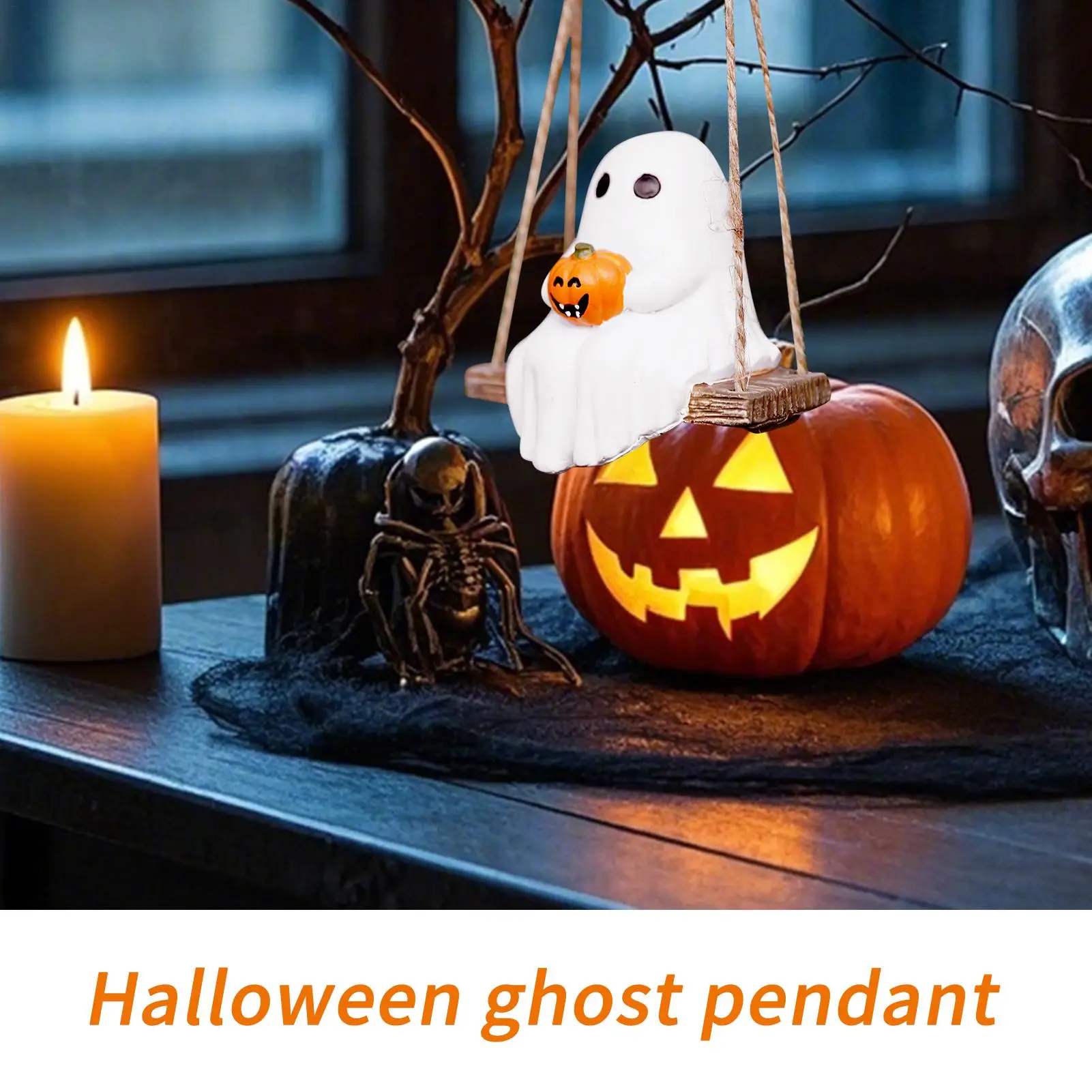 Halloween Ornaments Hangable Swing White Ghost Tree Decoration Decorative Resin Figurine Pendant For Shelf Door Desktop Indoor