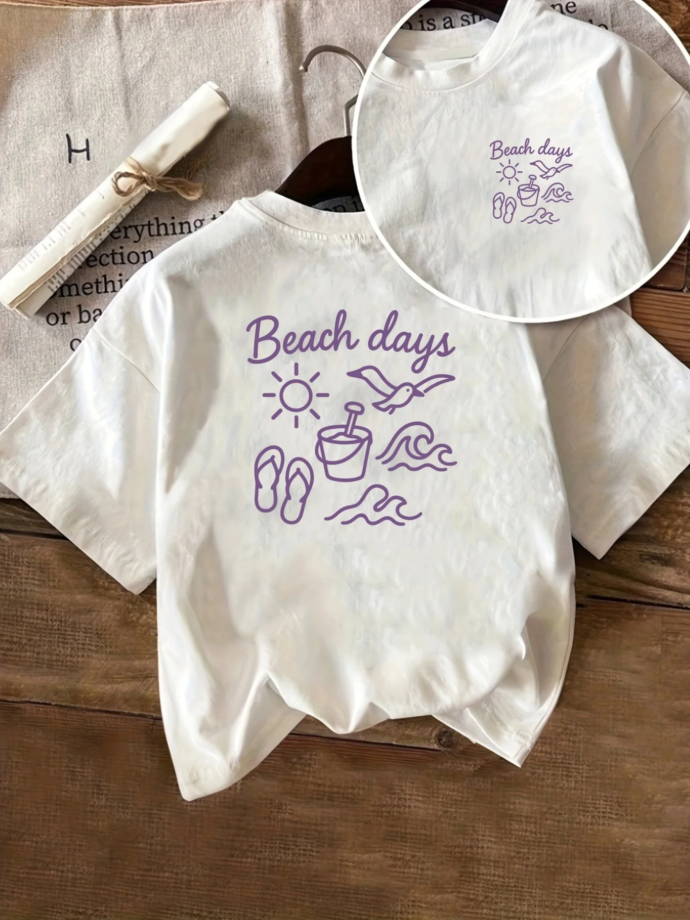Women's White Purple Beach Days Print Double-Sided Sleeve Summer Top with Back Front Beach Icons (Flip-Flops Umbrella Starfish)