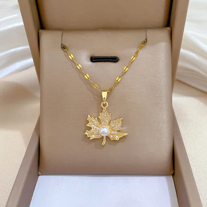 DIEYURO 316L Stainless Steel Golden Maple Leaf Pearl Zircon Light Luxury Pendant Necklace For Women Waterproof  Jewelry Gift view 5