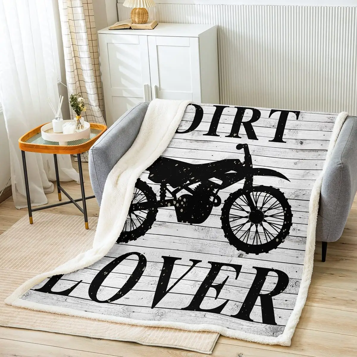 Black Dirt Bike Sherpa Blanket Racing Motocross Fleece Throw Blanket for Bed Sofa Couch Extreme Sports Plush Blanket