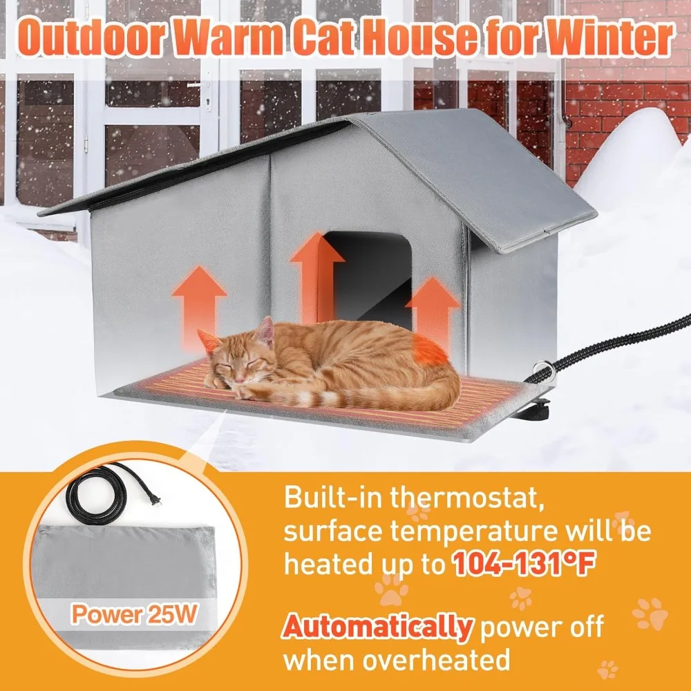 Large Heated Cat House, Waterproof Outdoor Cat Shelter for Winter with Thermostatic Heating Pad and Escape Door