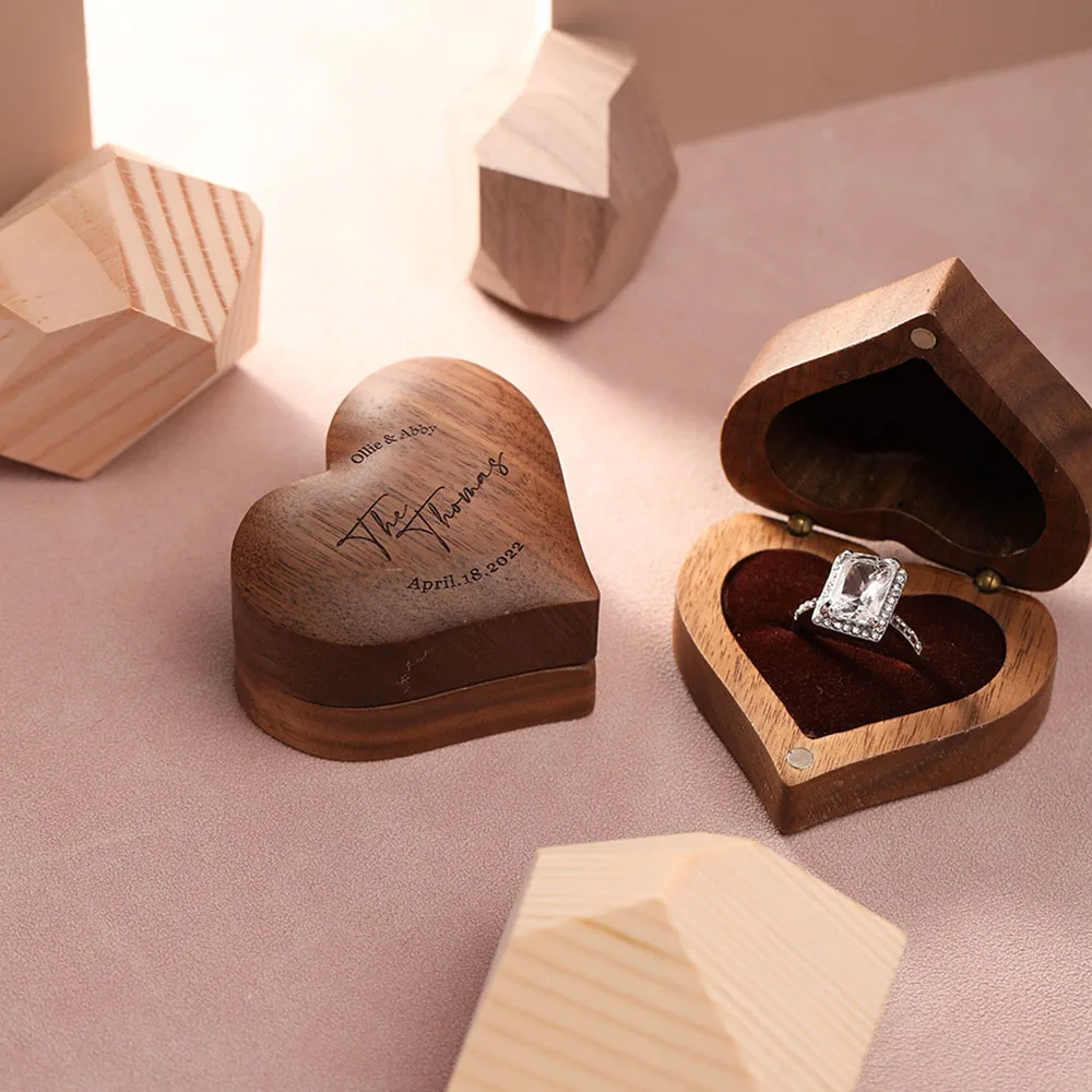 Personalized Heart Shaped Wooden Wedding Ring Bearer Box Custom Name Engagement Ring Jewelry Box Rustic Wedding Gifts