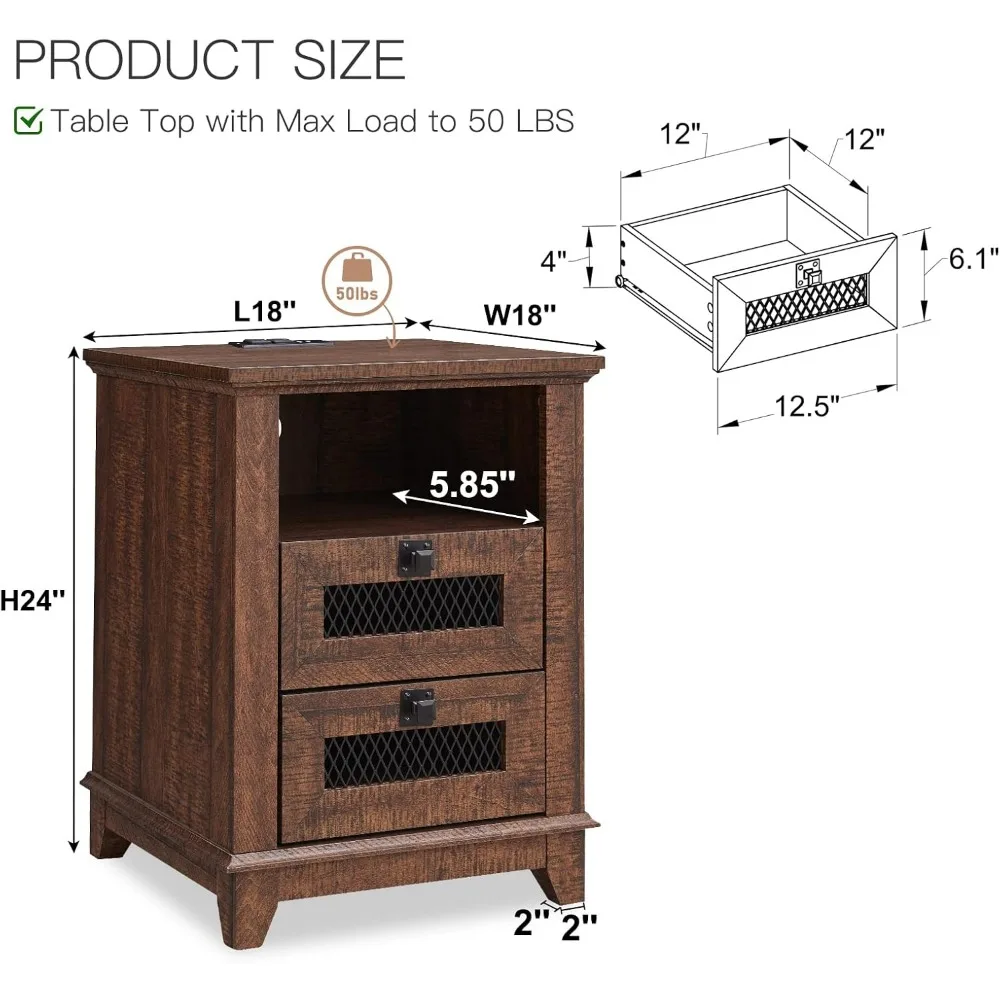 Nightstand with charging station, industrial & farmhouse end table with 2 drawers & open cubby, rustic mesh drawer